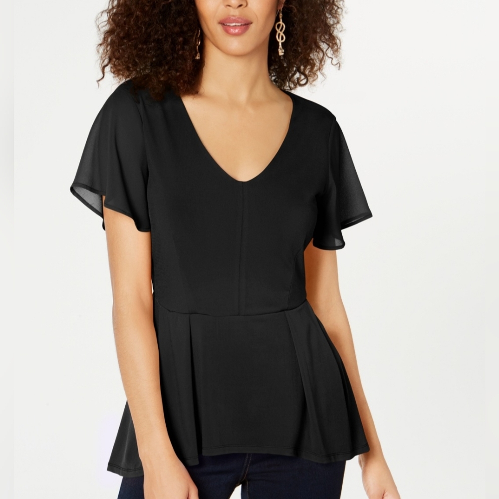 NWT Thalia Sodi Women's Chiffon Sleeve V-Neck XS Blouse Black